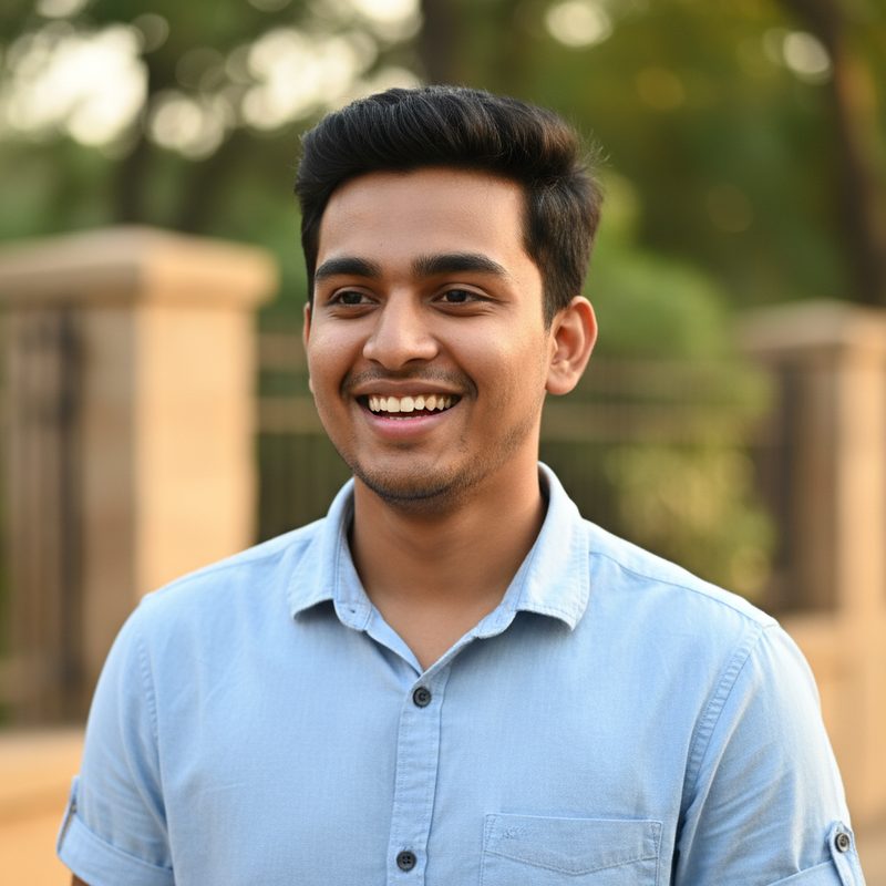 Young Indian man with glasses smiling confidently in casual shirt